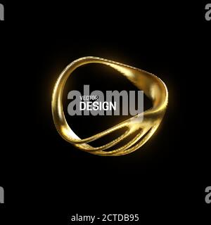 Abstract golden organic shape. Vector 3d illustration. Shiny elegant ring isolated on black background. Jewelry concept. Glossy frame design. Realisti Stock Vector