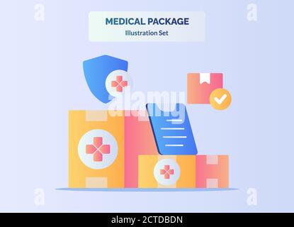 Medical package concept box delivery clipboard shield with flat cartoon style Stock Vector