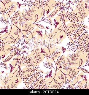 Wild meadow grass and bees seamless vector pattern background. Scattered line art leaves and foliage branches with flying insects on painterly Stock Vector