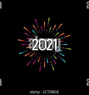 Happy New 2021 Year. Holiday vector illustration with festive typographic composition. Colorful label with 2021 numbers and graphic multicolored firew Stock Vector