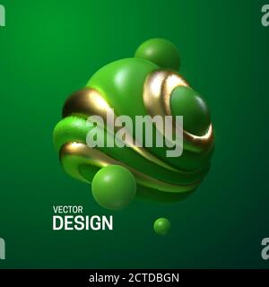 Abstract composition with 3d spherical shapes. Green and golden glossy bubbles. Vector realistic illustration of fluid substance. Trendy banner or pos Stock Vector