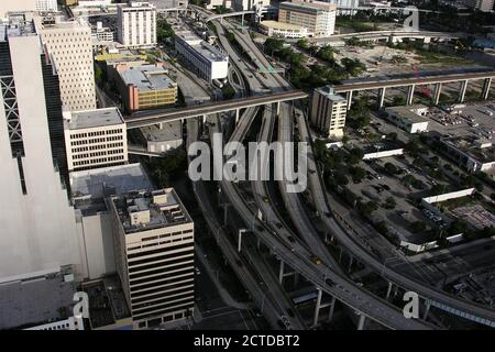 Archival September 2005 aerial view of bridges and ramps leading to Interstate 95 freeway in downtown Miami, Florida, USA. Stock Photo