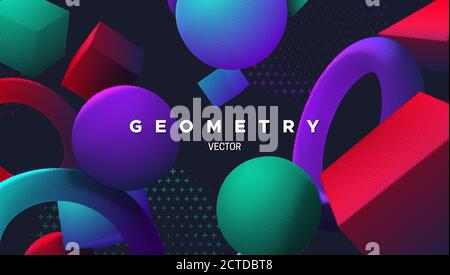 Geometric primitives banner. Abstract background. Vector minimal illustration. Bright gradient shapes textured with halftone lights and shadows. Creat Stock Vector