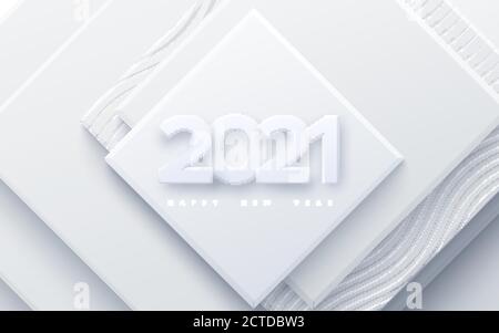 Happy New 2021 Year. Vector holiday illustration. Paper 3d numbers on white abstract background. Festive event banner. Geometric square shapes. Decora Stock Vector
