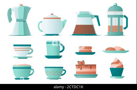 Different cups, coffee kettles and sweet dessert. Flat vector illustration. Stock Vector