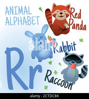 Animal alphabet in vector. R letter. Very cute cartoon animals Raccoon, Rabbit, Red Panda. Stock Vector