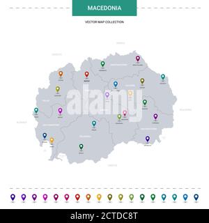 Macedonia map with location pointer marks. Infographic vector template, isolated on white background. Stock Vector