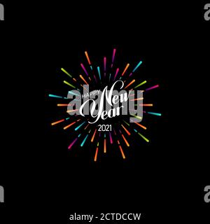 Happy 2021 New Year. Holiday Vector Illustration With Lettering Composition And Bursting Fireworks shape. Stock Vector