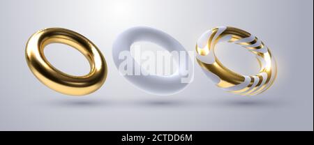 Realistic torus shapes. Vector geometric illustration. 3d golden and white rings collection. Geometric primitives. Decoration elements for minimal cov Stock Vector