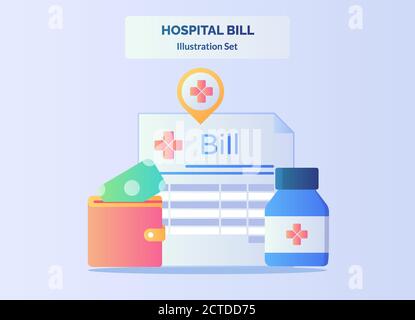 Hospital bill concept invoice service charge background of money put wallet bottle drugs with flat cartoon style. Stock Vector
