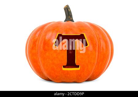Letter T Halloween Font. Pumpkin with carved letter, 3D rendering isolated on white background Stock Photo