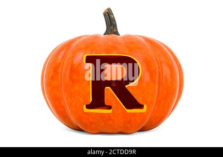Letter R Halloween Font. Pumpkin with carved letter, 3D rendering isolated on white background Stock Photo
