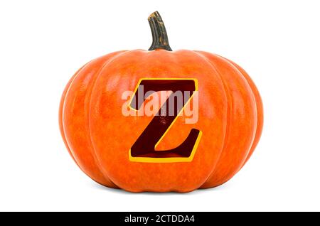 Letter Z Halloween Font. Pumpkin with carved letter, 3D rendering isolated on white background Stock Photo