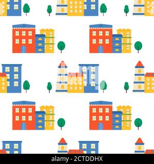 Seamless pattern houses and streets, roofs of building. Cute cityscape colorful background for kids textile, wrapping paper, textile design. Vector ba Stock Vector