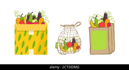 Hand drawn Zero waste concept set. No plastic elements of eco life: reusable paper, bamboo, fabric cotton bags. Vector go green, bio logo or sign. Org Stock Vector