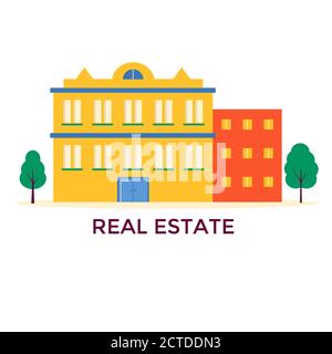 Banner for sales, advertising house, cottage with trees. Offer of home purchase. Rental of Real Estate. Vector flat design, urban landscape. Stock Vector
