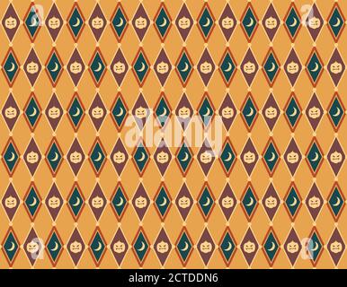 Halloween seamless pattern design with seasonal festive element design, autumn seasonal ,pumpkin and moon in diamond shape Stock Vector