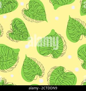 Seamless vector pattern with monstera tropical leaf on yellow background. Hand drawn illustration. Fabric, wrapping paper texture. Design for card, postcard, poster, banner. Stock Vector