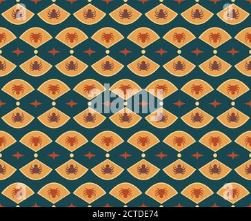 Halloween seamless pattern design with seasonal festive element design, autumn seasonal ,cute and spooky spider in fan shape on teal background Stock Vector