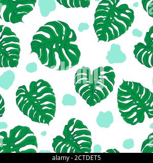 Seamless vector pattern with monstera tropical leaf on white background. Hand drawn illustration. Fabric, wrapping paper texture. Design for card, postcard, poster, banner. Stock Vector