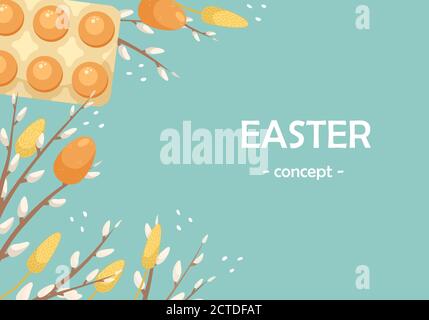 Easter template with space for text. Flat lay background with Easter eggs and willow branches. Stock Vector