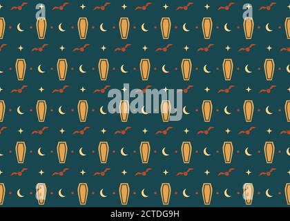 Halloween seamless pattern design with seasonal festive element design, autumn seasonal ,bat and coffin on teal background Stock Vector