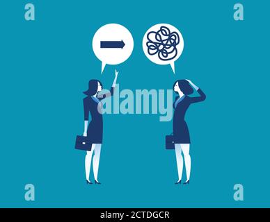 Businesswoman offering guidance to colleague confused about direction. Concept business success illustration. Vector cartoon character flat Stock Vector