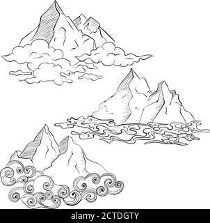 Set mountain peaks in the clouds. Hand drawn sketch landscape with hills and clouds. Vector illustration isolated on white background. Design element for logo, poster, card, emblem. Stock Vector