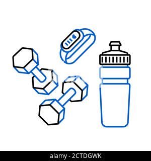 Fitness bracelet, sport water bottle and dumbbells Stock Vector