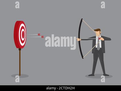 Cartoon businessman with bow and arrow hitting the center bullseye in archery target. Conceptual vector illustration isolated on grey background. Stock Vector