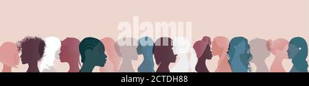 Large different nationalities group of women and girls.Face silhouette profileTalk and share information Community and social network female diversity Stock Vector