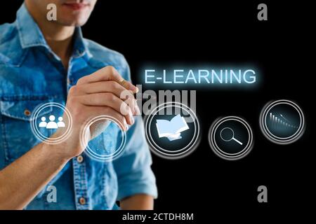 hand pressing learning word button. business concept. e learning Stock Photo