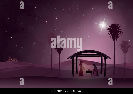 Christmas time. Nativity scene with Mary, Joseph, baby Jesus, shepherds and three kings. Christmas manger concept. Birth of Christ. Stock Vector