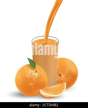 Fresh orange fruit with grean leaves. Orange juice with splash isolated on white. 3d Vector illustration for your design Stock Vector