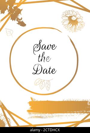 Save the Date, vector wedding invitation design template with golden sunflowers, on a white background Stock Vector