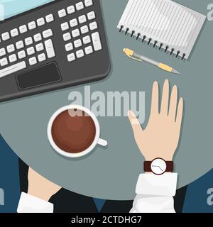 A man is sitting at a table in a cafe with a computer and a Cup of coffee. Freelance. Business meeting. Conversation. Stock Vector