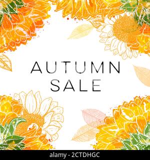 Autum Sale. Discount banner or flyer design template with vibrant autumn leaves, sunflowers, and copy space Stock Vector