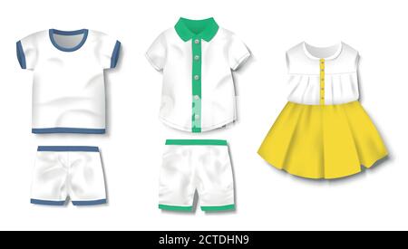 Realistic baby bodysuit, shirt, pants, shorts, dress template isolated. Baby boy clothes mockup for newborns. Vector illustration Stock Vector