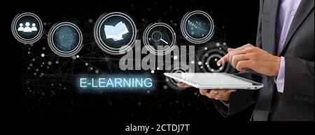 hand pressing learning word button. business concept. e learning Stock Photo