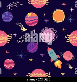 Seamless space pattern. Planets, rockets and stars. Cartoon spaceship icons. Kid's elements for scrap-booking. Stock Vector