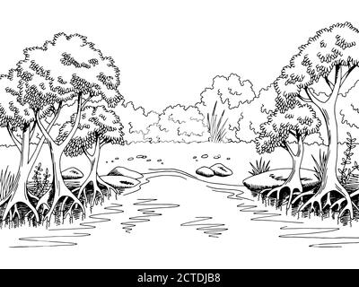 Forest river graphic black white landscape sketch illustration vector ...