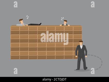 Two men trying to climb over brick wall and third man found just go around it. Creative vector illustration on metaphor for doing things the hard way Stock Vector