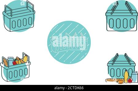 Set of shopping baskets with foods and beverages - Vector Stock Vector