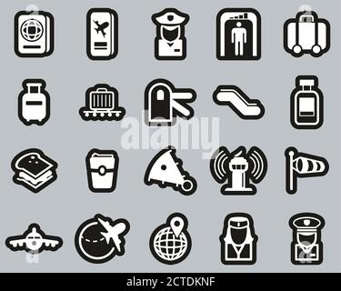 Airport Icons White On Black Sticker Set Big Stock Vector