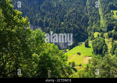 Lonely house near mountain village Lauterbrunnen, Bernese Oberland, Switzerland. Stock Photo