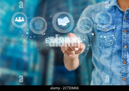 hand pressing learning word button. business concept. e learning Stock Photo