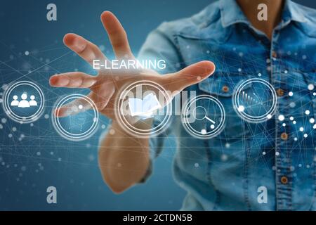 hand pressing learning word button. business concept. e learning Stock Photo