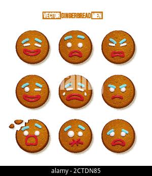 Gingerbread man cookies faces with different emotions set. Christmas candy decoration vector illustration. Happy, cheerful, cute, sad, angry, funny Stock Vector