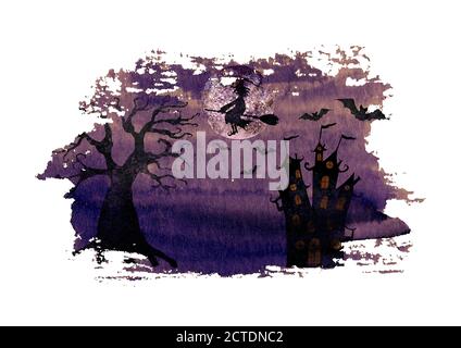 Halloween background with silhouettes of wicked witch flying on broom, terrible dead tree, castle, bats and full moon on watercolor hand drawn dark pu Stock Vector