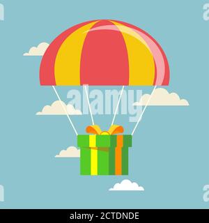 Flat design. Vector illustration. Delivery service. Parachute with parcel, gift in the sky. Stock Vector